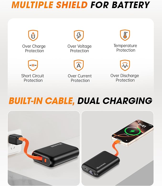 7.4V 20000mAh Heated Vest Battery Pack Compatible with ORORO, with Venustas, Rechargeable Outdoor Power Bank with Built-in USB-C Cable, DC/USB Ports for Heated Vests, Jackets, and Pants