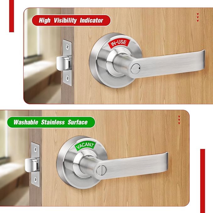 Bathroom Indicator Privacy Door Lock, Vacant Occupied Lock, Large Vacant or In-Use Door Handle, ANSI Grade 2 Commercial Grade, Satin Chrome