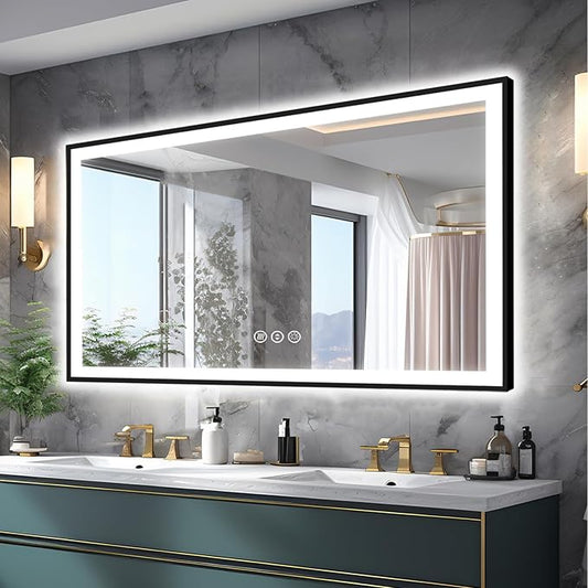 55x30 Light up Bathroom Mirror,LED Vanity Mirror,Black Framed,Backlit + Front Lit,3 Colors Dimmable,Anti-Fog,Shatter-Proof,Touch Control,Anti-Corrosion,Memory(Horizontal/Vertical)