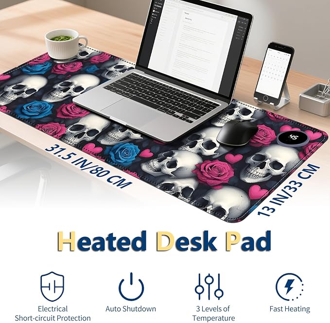 Heated Mouse Pad with 3 Temperature Settings(104°F–122°F),Large 31.5x13 Inch PU Leather Heated Desk Mat,Waterproof Warming Pad for Office,Gaming & Cold Hands Relief,Skeleton Skulls Flower