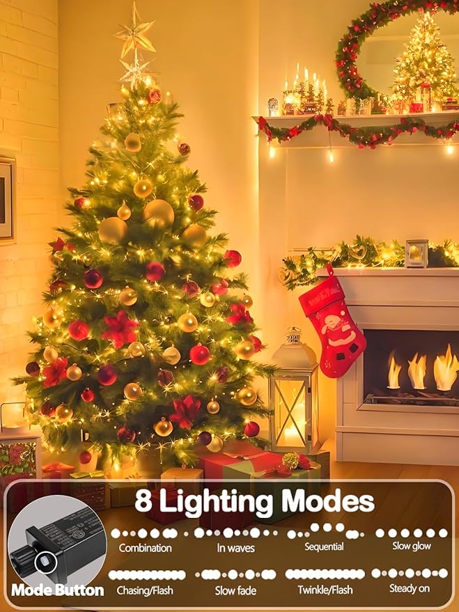 33 FT 100 LED Christmas String Lights Indoor Outdoor, Memory Function & Timer & 8 Modes, UL Certified, Linkable Green Wire Waterproof Twinkle Light for Christmas Tree Party Garden Decor (Warm White)
