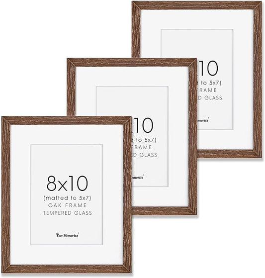 Fun Memories 8x10 Oak Wood Picture Frame Set of 3, 10 x 8 Frame Wood for Wall & Tabletop, Display 5x7 with Mat or 8 x 10 without Mat, 8x10 Natural Wood Photo Frames with Real Glass, Walnut Color