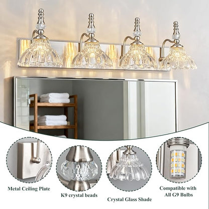 Vintage Bathroom Vanity Light, 4-Light Brushed Nickel Vanity Lighting Fixture with Flower Glass Shade, Bathroom Lighting Fixtures Over Mirror