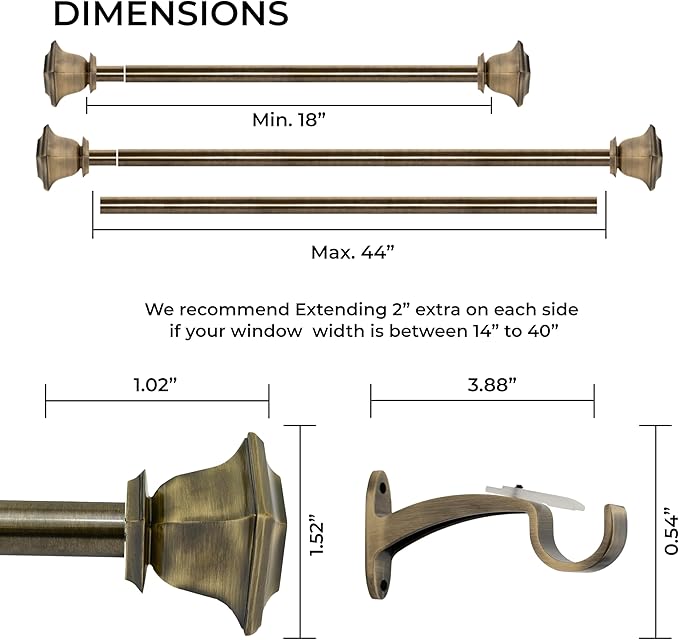 Deco Window Adjustable Curtain Rod for Windows 18 to 44 Inch (Pack of 1) Extendable Heavy Duty 1 Inch Iron Drapery Pole with Finials Wall Mounted French Door Curtain Rods (Brass)