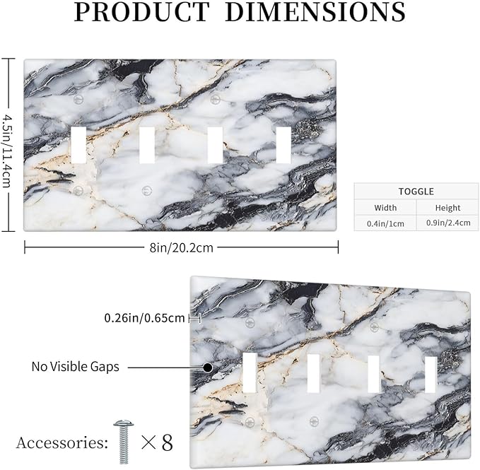 Light Switch Cover Plate Black Gold Marble Abstract Modern Luxury 4 Gang Quad Toggle Wall Plate Electrical Outlet Cover Decorative Switch Plate Covers for Bedroom Home Decor