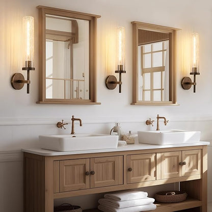 19.5" Knurled Brass Wall Sconces Set of 2, Bronze Bathroom Vanity Light Fixtures with Crackle Glass Tube, Modern Lamp Lighting for Bedroom, Living Room, Hallway, Staircase, Mirror, Kitchen