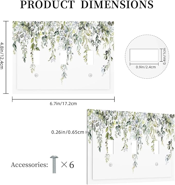 Decorative Switch Plates Boho Farmhouse Flower Leaf Sage Green 3 Gang Wall Plate Triple Toggle Light Switch Cover Faceplate Electrical Wall Panels for Bedroom Cabin Decor