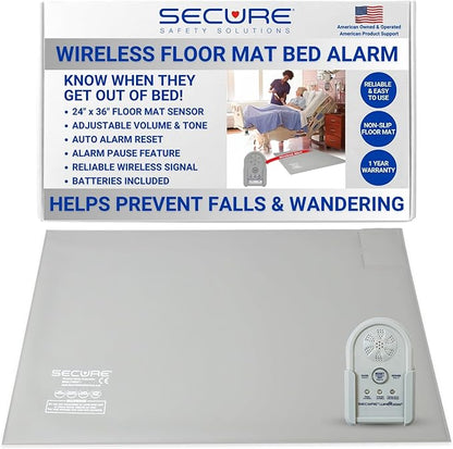 Secure Wireless Floor Mat Sensor Bed Alarm for Elderly Adults - 24"x36" Floor Sensor & Remote Alert Monitor - Bed Alarms and Fall Prevention for Elderly Dementia Patients, Caregiver Alert Seniors