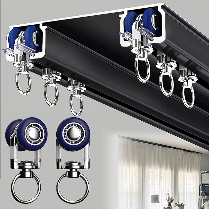 Double Curtain Track Ceiling Mounted, Heavy Duty Aluminum Sliding Rails for Curtains, Silent Double Curtain Track System for Drapes Room Dividers Living Room Bedroom (Black,5m(16.4ft))