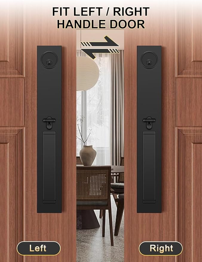 Front Door Lock Set, Full Escutcheon Front Door Handle Sets, Heavy Duty Entry Door Lock Sets with 3 Keys, Door Locks with Deadbolt Lever Handle