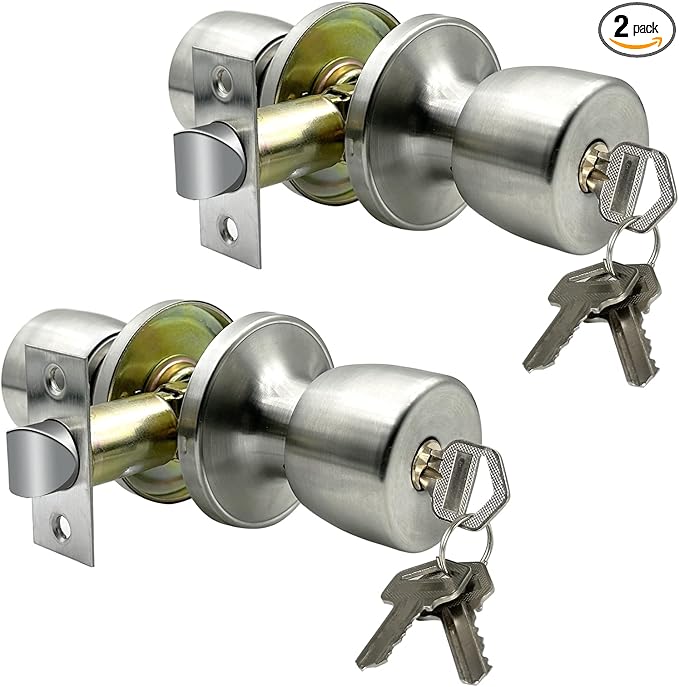 JO.KO Door Knob with Lock and Key, Round Ball Lock Interior/Exterior Door Knob for Bedroom Or Bathroom/Entry Door Handle (Stainless 2Pack)