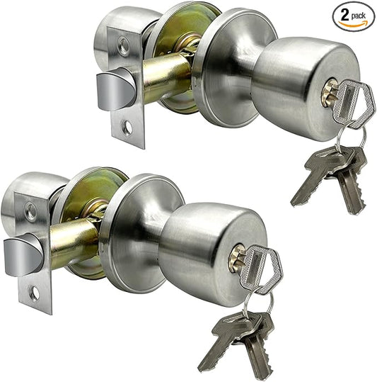 JO.KO Door Knob with Lock and Key, Round Ball Lock Interior/Exterior Door Knob for Bedroom Or Bathroom/Entry Door Handle (Stainless 2Pack)