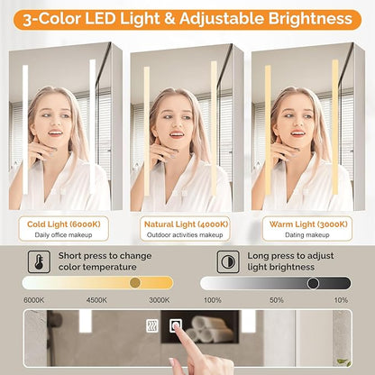 VINGLI 16Inch Medicine Cabinet with Lights, Lighted Medicine Cabinet with Mirror, Led Wall Mirror with Storage for Bathroom,Wall Mounted,3-Color Memory Mode Light，White,5.9" D x 15.75" W x 23.6" H