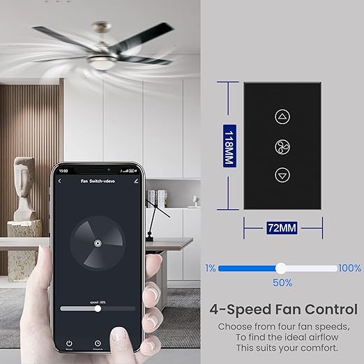 Smart Fan Switch Neutral Wire Required, 2.4GHz WiFi Dimmer Light Switch with Remote Voice Control, Tempered Glass Panel, Compatible with Alexa and Google Home, Black WiFi Fan
