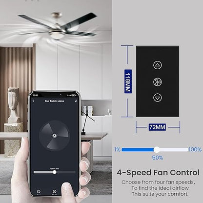 Smart Fan Switch Neutral Wire Required, 2.4GHz WiFi Dimmer Light Switch with Remote Voice Control, Tempered Glass Panel, Compatible with Alexa and Google Home, Black WiFi Fan