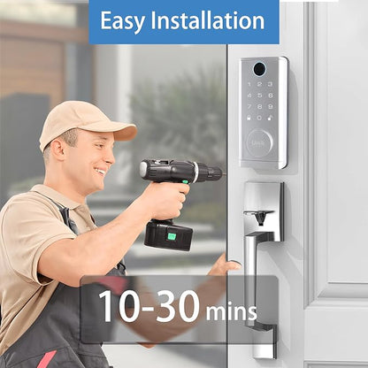 Fingerprint Door Lock with Handle Set, Keyless Entry Smart Door Lock, Electronic Keypad Deadbolt Locks, App Control for Front Door, Home (Matte Silver in Zinc)