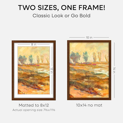 Homeforia 10x14 Brown Picture Frame, High End Dark Oak 10x14 Walnut Poster Frame with Mat 8x12, 10 x 14 Wooden Frame Matted to 8 by 12 inch Photo, 14x10 Thin Frames, Tempered Glass, Wall Kit, Set of 1