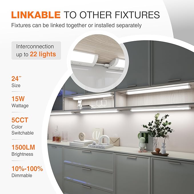 24inch Linkable Under Cabinet Lighting Hardwired Plug-in, Wired led Under Cabinet Lights with 5 CCT (2700/3000/3500/4000/5000) & Dimmable, Under Counter Lights for Kitchen, 15W, 1500LM, 1 Pack