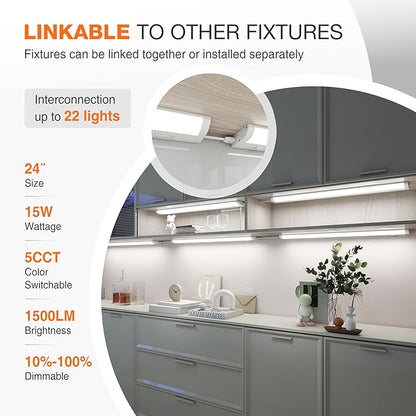 24inch Linkable Under Cabinet Lighting Hardwired Plug-in, Wired led Under Cabinet Lights with 5 CCT (2700/3000/3500/4000/5000) & Dimmable, Under Counter Lights for Kitchen, 15W, 1500LM, 2 Pack
