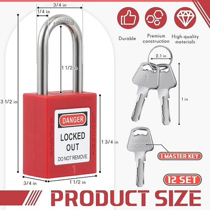 Landhoow 12 Set Lockout Tagout Locks and Keys Kit Loto Locks Different Safety Lock 2 Keys Per Lock Tag Out Padlocks for Electrical Lockout Tag Out Stations and Devices Kits (Red)
