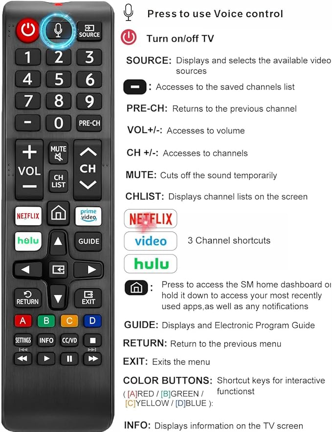 Replacement Remote for Samsung TV, Voice Control, Compatible with 2026-2016 Smart TV, LED, QLED, Crystal UHD & The Frame Series, 2-Year Warranty