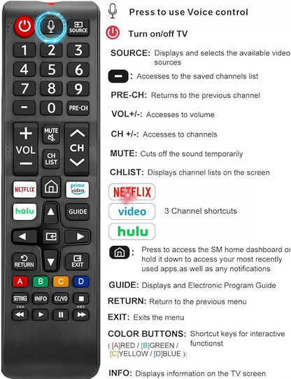 Replacement Remote for Samsung TV, Voice Control, Compatible with 2026-2016 Smart TV, LED, QLED, Crystal UHD & The Frame Series, 2-Year Warranty