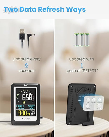 Newentor CO2 Monitor, Indoor Air Quality Meters, Carbon Dioxide Detector with Voice Alert, Large Display CO2 Tester, Temperature Humidity Sensor, Alarm Clock for Home, RV, Grow Tents, Black