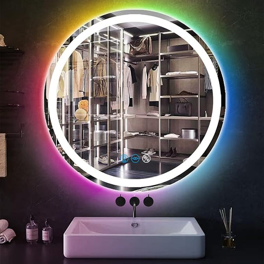 20 inches Round LED Bathroom Mirror, Wall Mounted, Front Lights (3 Colors) & RGB Backlit, Anti-Fog, Smart Light up, Circle Mirror, 20Inch Vanity Mirror, Rainbow