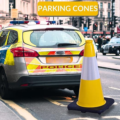 BESEA 8Pack 18 Inch Yellow Traffic Cones with 6 Inch Reflective Collar, Heavy Duty PVC Safety Cones with 10.5 x 10.5 Inch Base for Parking, Driving Practice, Sports Training, and Construction
