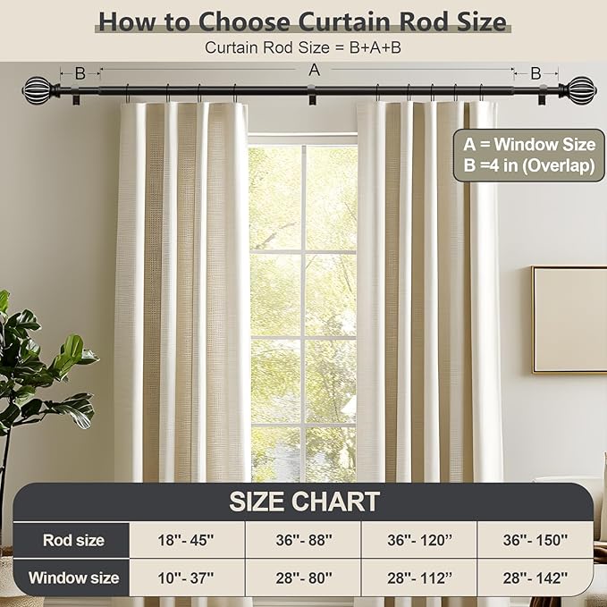 Black Curtain Rods for Windows 72 to 144 Inch, 1'' Adjustable Heavy Duty Curtain Rod，Vintage Decorative Drapery Rods with Pumpkin Finials for Bedroom Living Room