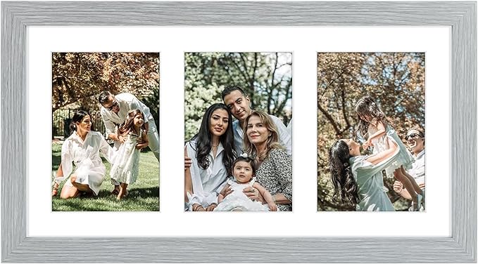 Golden State Art, 9x18 Grey Wood Frame - White Mat for Three 5x7 Pictures - Sawtooth Hangers - Swivel Tabs - Wall Mounting - Landscape/Portrait - Real Glass - Collage Frame