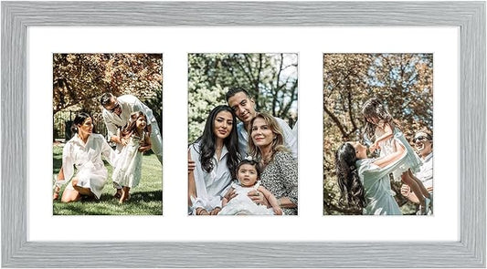 Golden State Art, 9x18 Grey Wood Frame - White Mat for Three 5x7 Pictures - Sawtooth Hangers - Swivel Tabs - Wall Mounting - Landscape/Portrait - Real Glass - Collage Frame