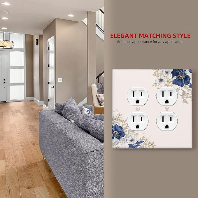 Decorative Outlet Covers Rustic Blue White Flowers Floral Penoy 2 Gang Wall Plate Cover Double Duplex Receptacle Two Switch Light Switch Cover Plate Jumbo Dual Face Plate