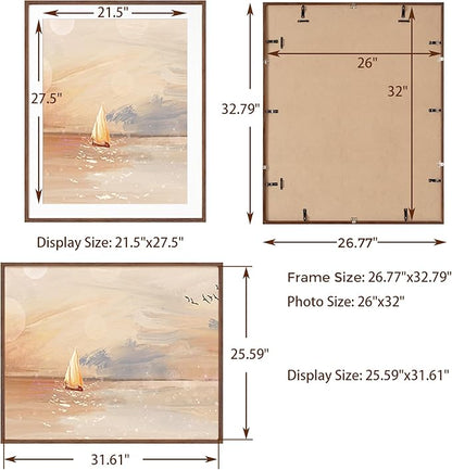 Oak Wood Frame 26x32 with Tempered Real Glass and Mat for 22x28 (Walnut Color, 1 Pack)