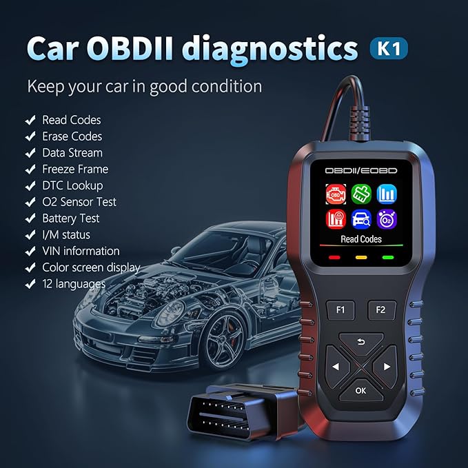K1 obd2 Scanner,obd2 Scanner Diagnostic Tool,Car Code Reader for Check Engine Light, Real-Live Data, Freeze Frame with Colour Screen, Multilingual Plug & Play for All OBDII & EOBD Vehicles