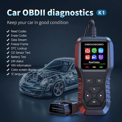 K1 obd2 Scanner,obd2 Scanner Diagnostic Tool,Car Code Reader for Check Engine Light, Real-Live Data, Freeze Frame with Colour Screen, Multilingual Plug & Play for All OBDII & EOBD Vehicles