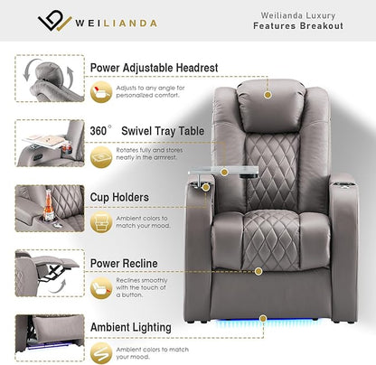 Weilianda Home Theater Seating Top Grain Leather Recliner Chair Power Headrest and Recline Movie Seats Gaming Sofa with Tray Table Type-C USB Charge Cup Holders Row of 1 Grey