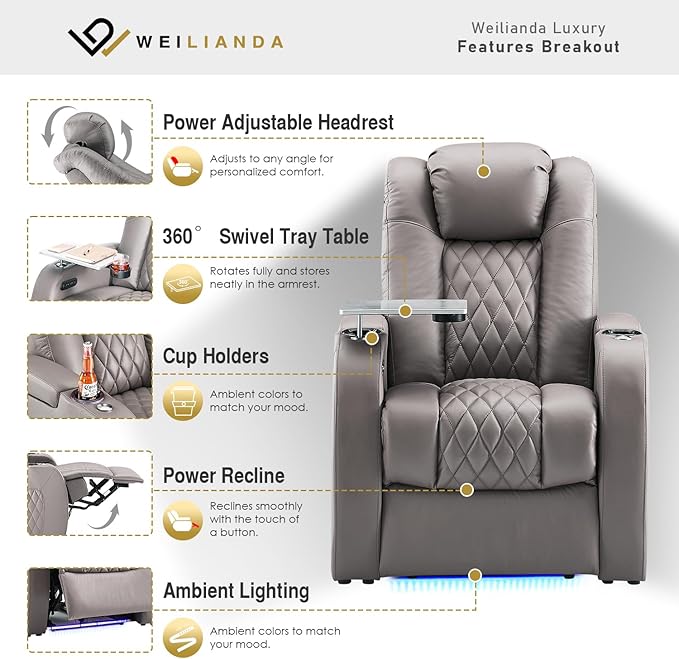 Weilianda Home Theater Seating Top Grain Leather Zero Gravity Recliner Chair Power Headrest Recline Movie Seat Gaming 7 Colors Mood Light Sofa with Tray Table USB Charge Row of 4 Grey