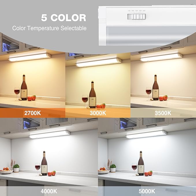 12inch Linkable Under Cabinet Lighting Hardwired Plug-in, Wired led Under Cabinet Lights with 5 CCT (2700/3000/3500/4000/5000) & Dimmable, Under Counter Lights for Kitchen, 6W, 600LM, 1 Pack