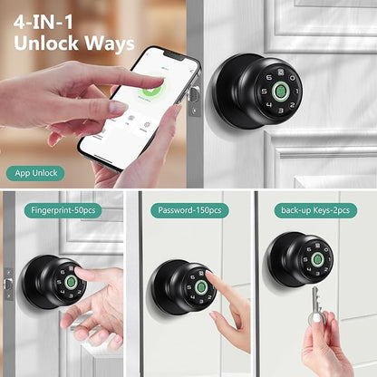 GeekTale Fingerprint Door Lock, Smart Lock with App, Biometric Door Lock, Thumbprint Door Knob, Smart Fingerprint Door Knob for Bedroom, Office, Apartment