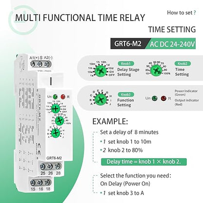 Multifunction Time Relay 2 Outputs 10A Adjustable Smart Relay 24V Electronic Timer in Din Rail,0.1s-10 Days Wide Range Delay On Off Factory Automation Universal Voltage GRT6 M2 AC DC 240V