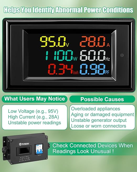 30A AC Power Meter, 125V NEMA TT-30P to NEMA TT-30R Outlet Energy Monitor, LCD Display Digital Multimeter Tester, Voltage Current Power Frequency Meter with Overload Protection