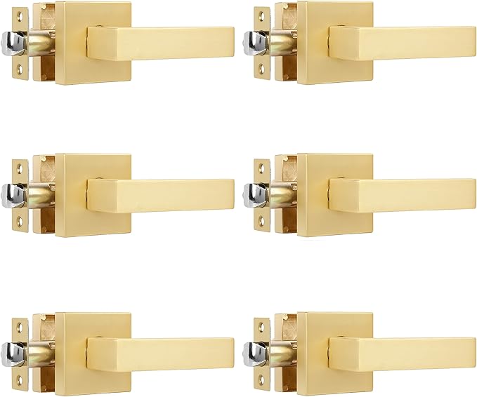 6 Pack Passage Door Lever Square Gold Door Handles in Stain Brass,Contemporary Modern Design Door Lock for Hall or Closet