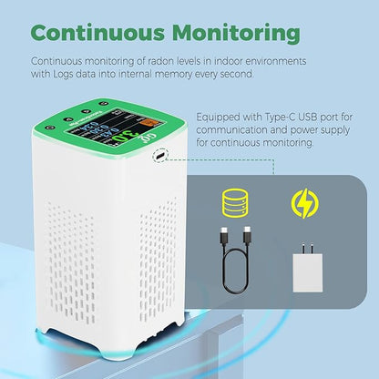 GQ RadonScan-Plus Radon Gas Digital Detector Worldwide Remote Monitoring Fast Accurate Detection Simple Color Display USA Design Real-time Data App Data Logging & Sharing