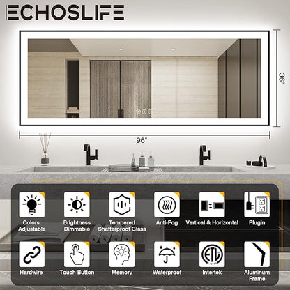 96x36 Large LED Bathroom Mirror with Lights - Black Aluminum(Front and Backlit),Anti-Fog Lighted Mirror for Wall,Stepless Dimmable Lighted Mirror,3 Colors Smart Mirror(Horizontal/Vertical)