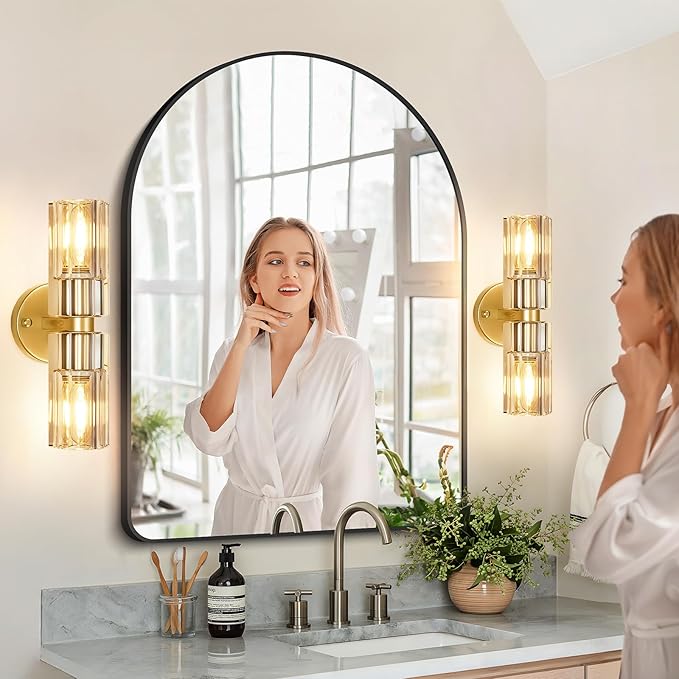 Gold Wall Sconce, Modern Bathroom Sconces Wall Lighting Vanity Light Fixtures with Clear Crystal, Hardwired Brushed Brass Wall Mount Lights for Living Room Corridor Mirror Bedroom Stairs