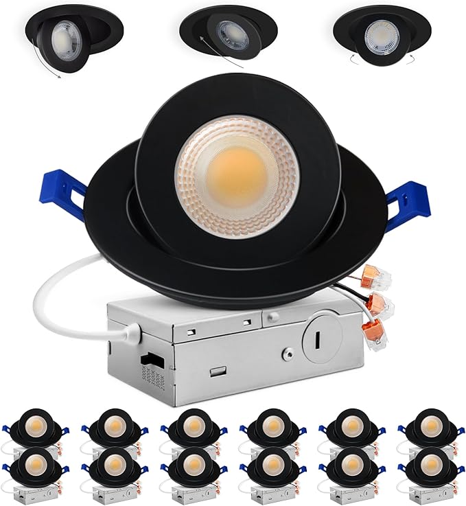 Adetu 4 inch 5CCT Gimbal Black Led Recessed Lights, 360°+90° Adjustable Directional Recessed Lighting, 2700K-5000K Dimmable Retrofit Eyeball Can Lights with Jbox, ETL&Energy Star (Black,12 Pack)