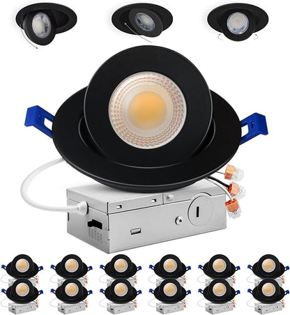 Adetu 4 inch 5CCT Gimbal Black Led Recessed Lights, 360°+90° Adjustable Directional Recessed Lighting, 2700K-5000K Dimmable Retrofit Eyeball Can Lights with Jbox, ETL&Energy Star (Black,12 Pack)