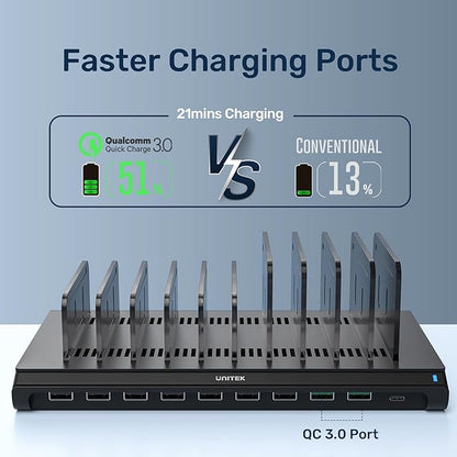 Unitek Multi USB Charging Station - 10 Ports Fast iPad Charging Dock with Type-C & 2 QC 3.0 Port, Charger Station Organizer for Multiple Devices Designed for iPhone, Kindle, Android, Tablets