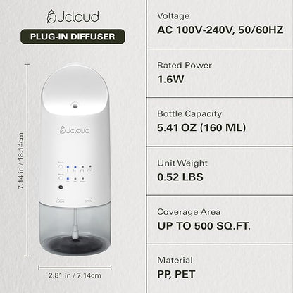 JCLOUD 2025 Plug in Diffuser for Essential Oils, Waterless Scent Diffuser Cover Up to 500 Sq. Ft. for Home, Office, Spa – Portable Smart Wall Diffuser 160ML, White